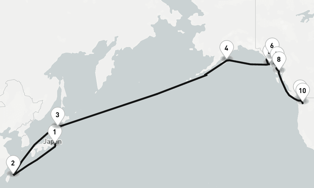 18 nights / 19 days, one-way from Yokohama (Tokyo, Japan) to Seattle (Washington)