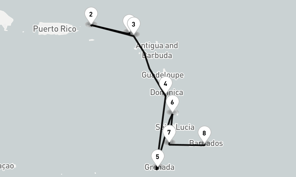7 nights / 8 days, one-way from Philipsburg (St Maarten Island, Dutch Antilles) to Bridgetown (Barbados)