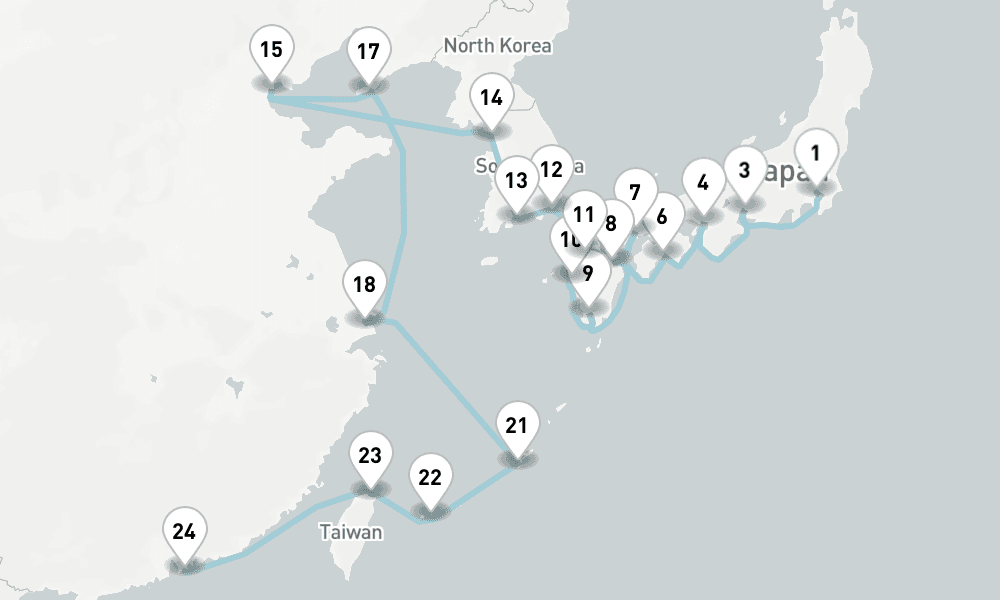 29 nights / 30 days, one-way from Tokyo to Hong Kong