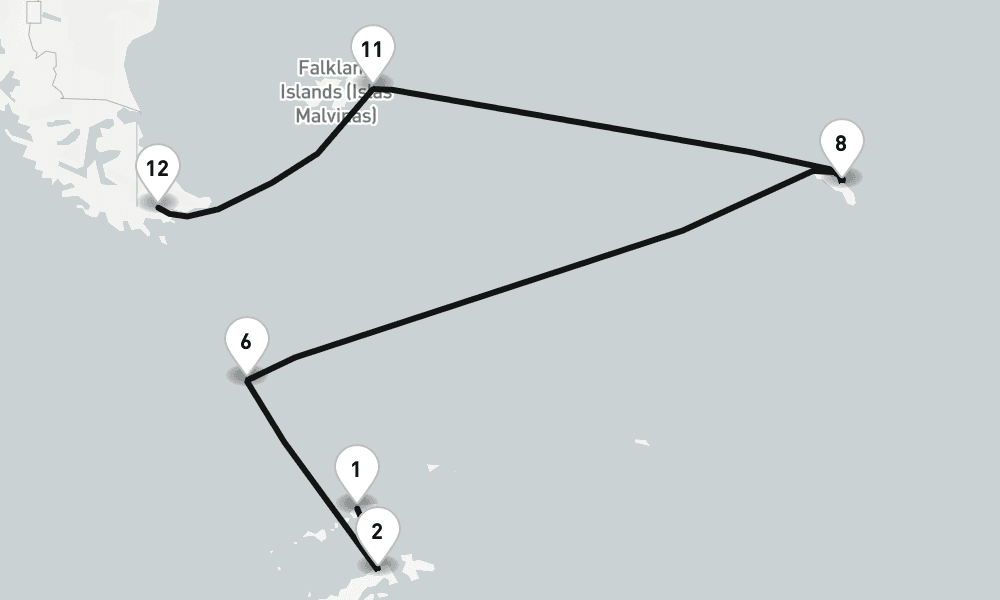 15 nights / 16 days, one-way from King George Island (Antarctica) to Puerto Williams (Navarino Island, Chile Antarctica)