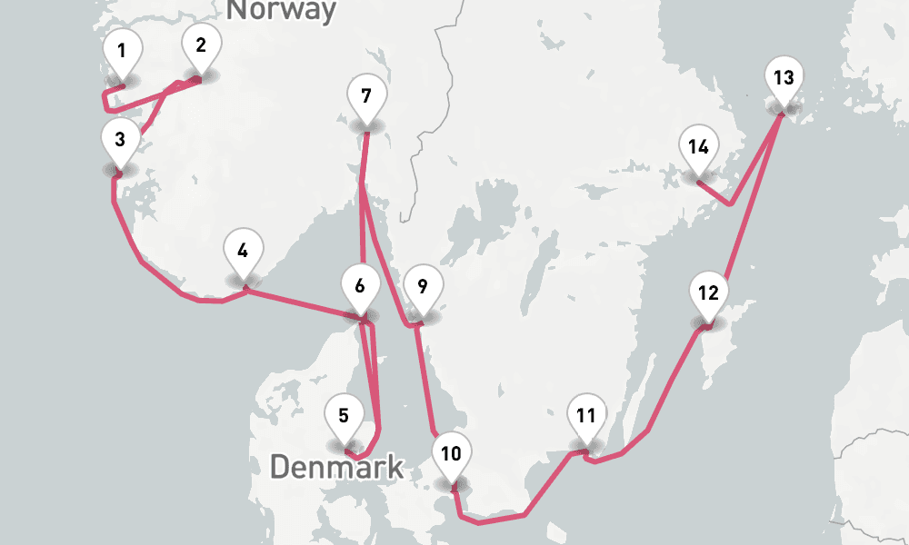 14 nights / 15 days, one-way from Bergen to Stockholm