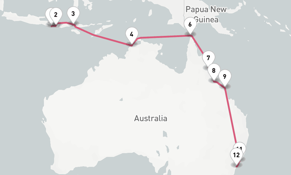 16 nights / 17 days, one-way from Benoa (Bali, Indonesia) to Sydney (NSW, Australia)