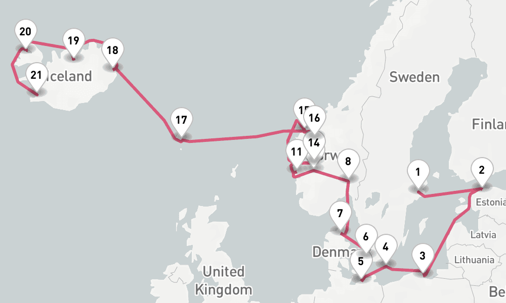 26 nights / 27 days, one-way from Stockholm to Reykjavik