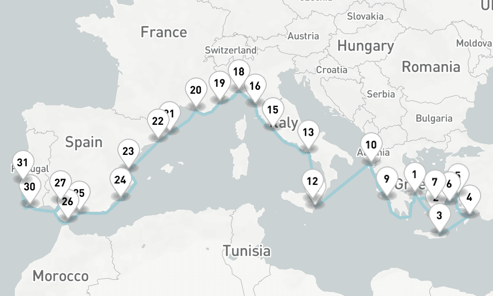 30 nights / 31 days, one-way from Piraeus (Athens, Greece) to Lisbon