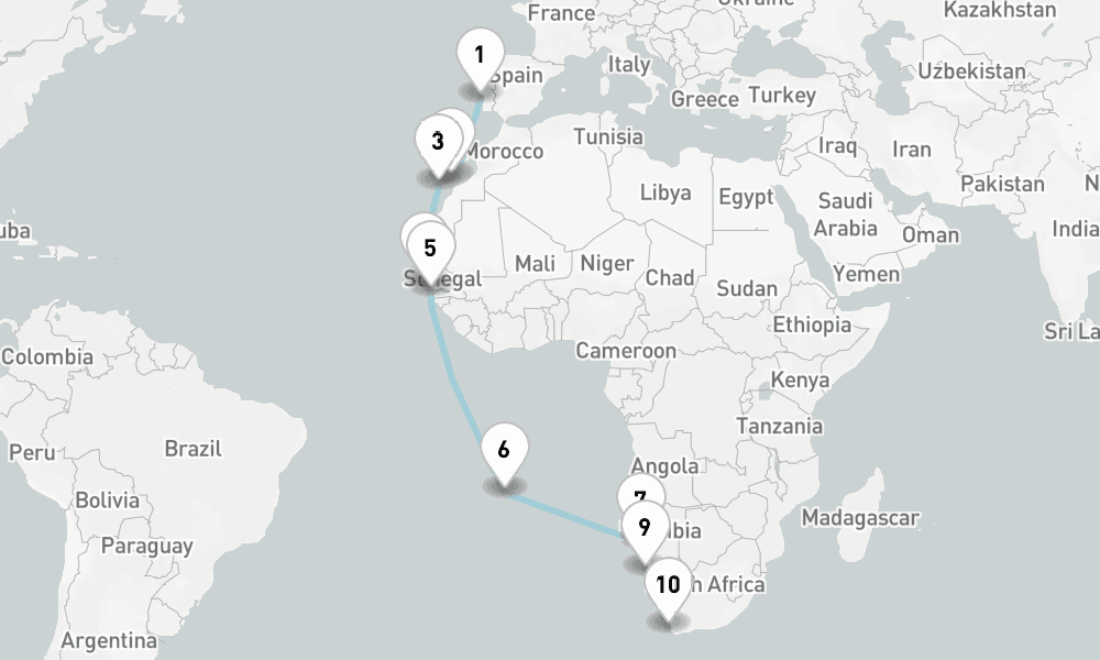 21 nights / 22 days, one-way from Lisbon to Cape Town