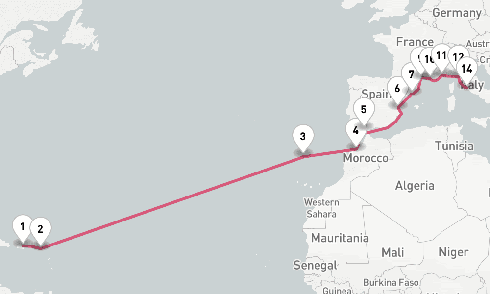 21 nights / 22 days, one-way from San Juan (Puerto Rico) to Civitavecchia (Rome, Italy)