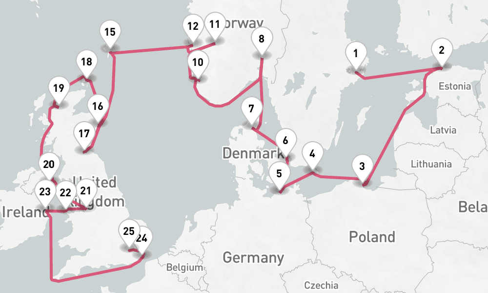 28 nights / 29 days, one-way from Stockholm to Tilbury (London, England)