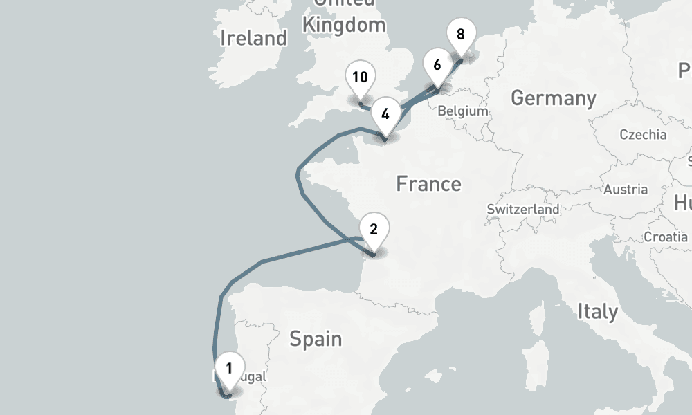 14 nights / 15 days, one-way from Lisbon to Southampton (England)