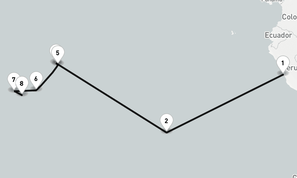 19 nights / 20 days, one-way from Callao (Lima, Peru) to Papeete (Tahiti Island, French Polynesia)