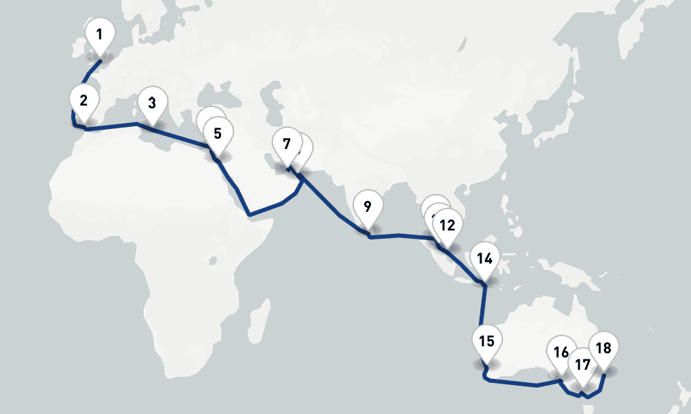 48 nights / 49 days, one-way from Southampton (England) to Sydney (NSW, Australia)