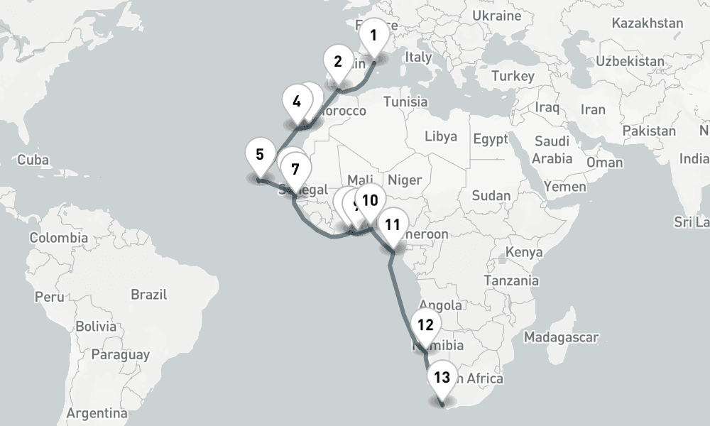 25 nights / 26 days, one-way from Barcelona to Cape Town