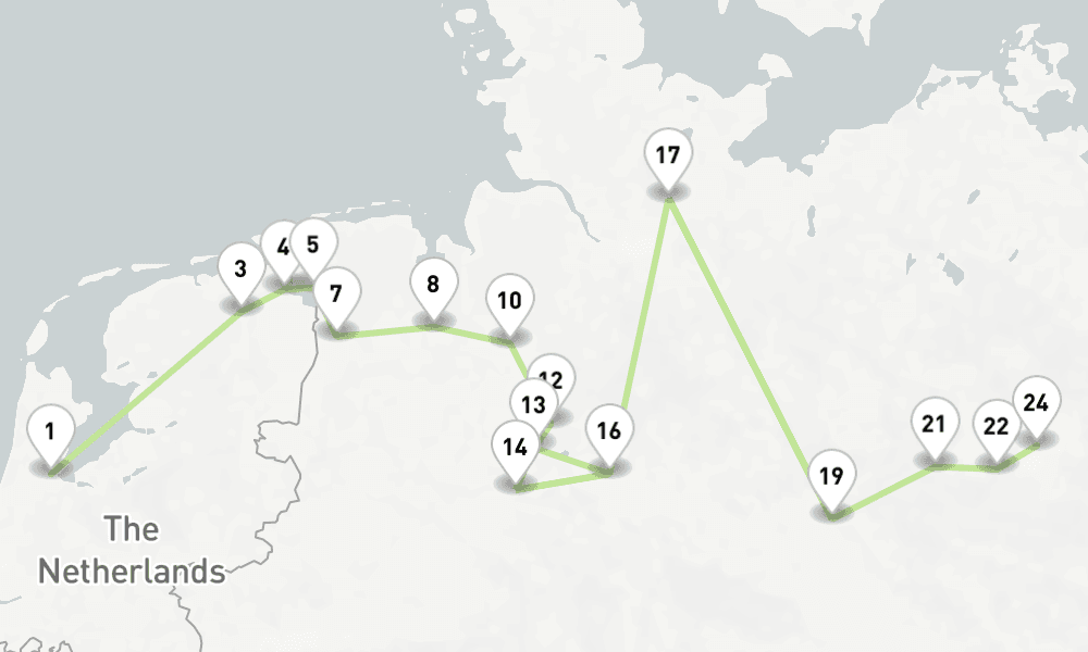 11 nights / 12 days, one-way from Amsterdam (Holland) to Berlin