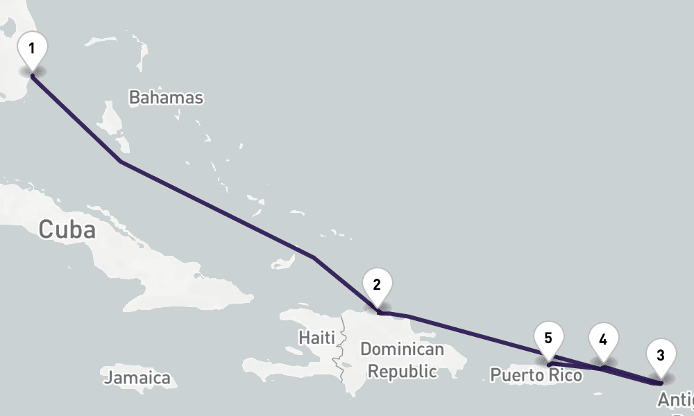 6 nights / 7 days, one-way from Miami (Florida) to San Juan (Puerto Rico)