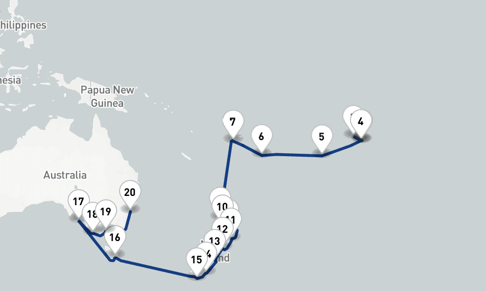 34 nights / 35 days, one-way from Papeete (Tahiti Island, French Polynesia) to Sydney (NSW, Australia)