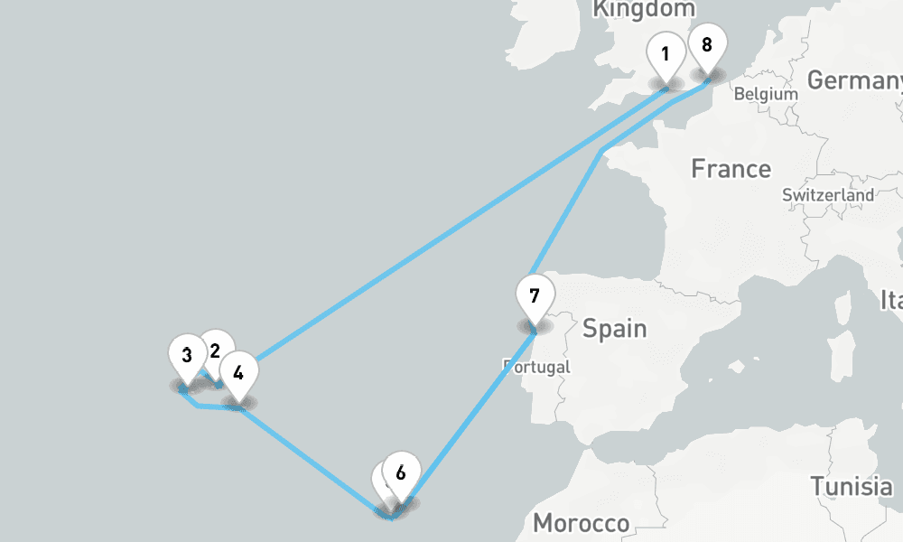 14 nights / 15 days, one-way from Portsmouth (England) to Dover (England)