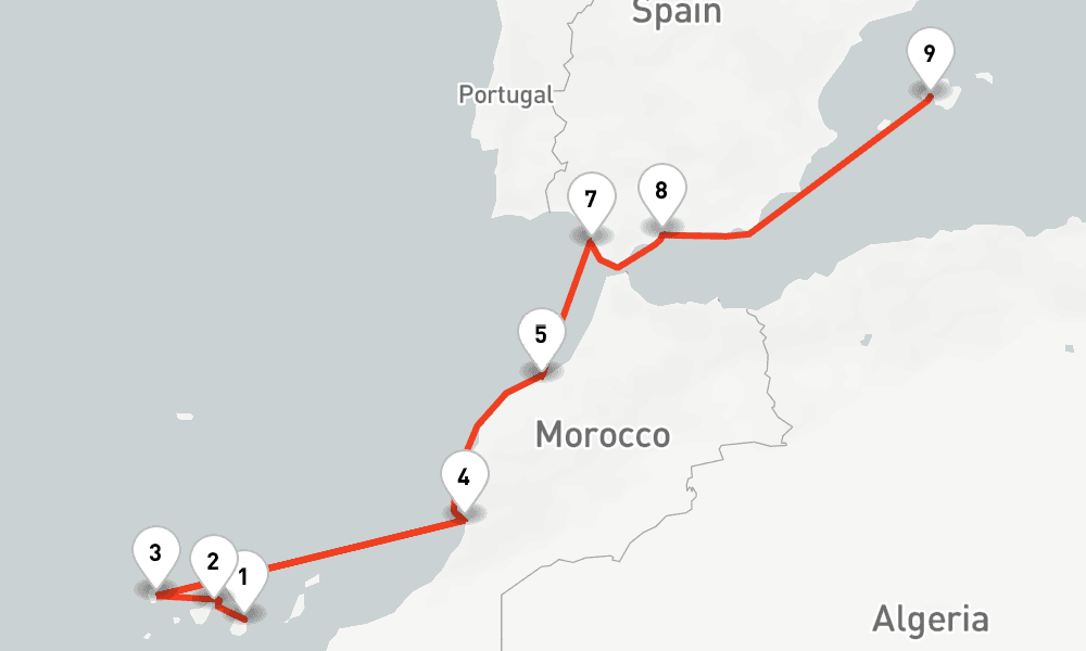 10 nights / 11 days, one-way from Las Palmas (Gran Canaria, Canary Islands) to Palma de Mallorca (Majorca Island, Spain)