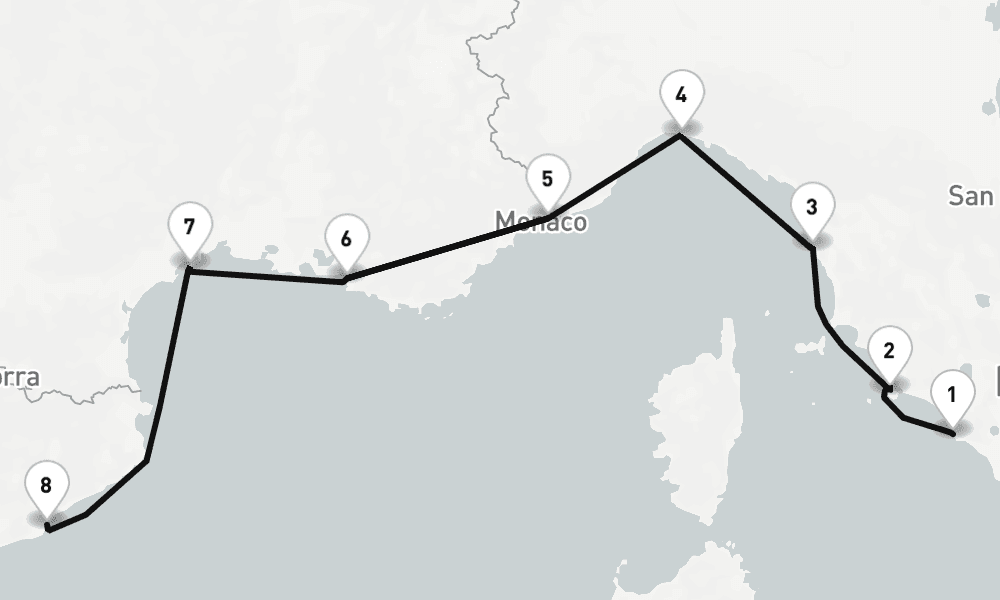 8 nights / 9 days, one-way from Civitavecchia (Rome, Italy) to Barcelona