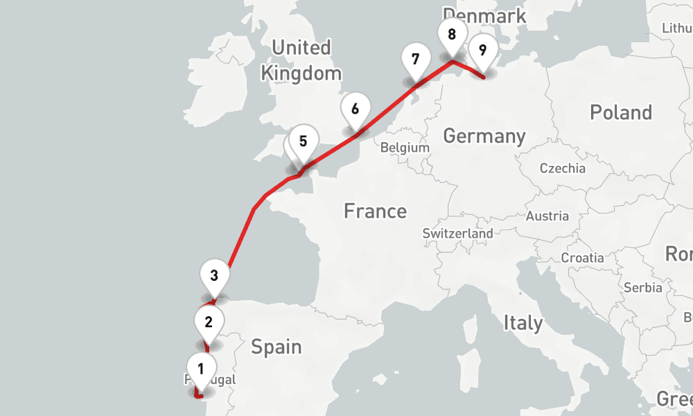10 nights / 11 days, one-way from Lisbon to Hamburg