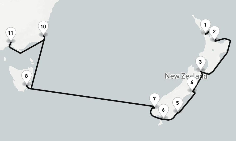 16 nights / 17 days, one-way from Auckland to Melbourne (Victoria, Australia)