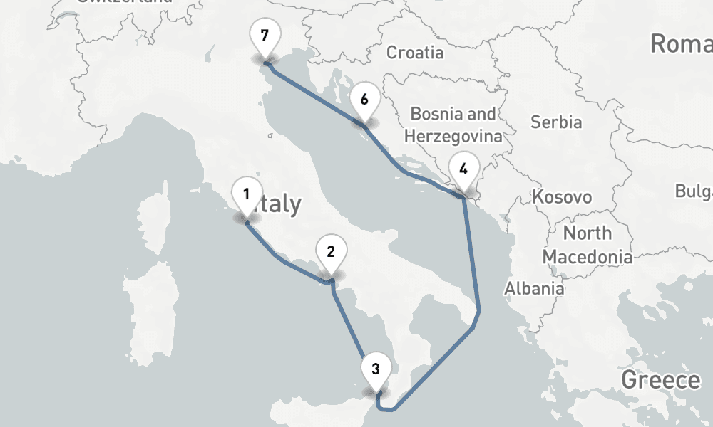8 nights / 9 days, one-way from Civitavecchia (Rome, Italy) to Venice