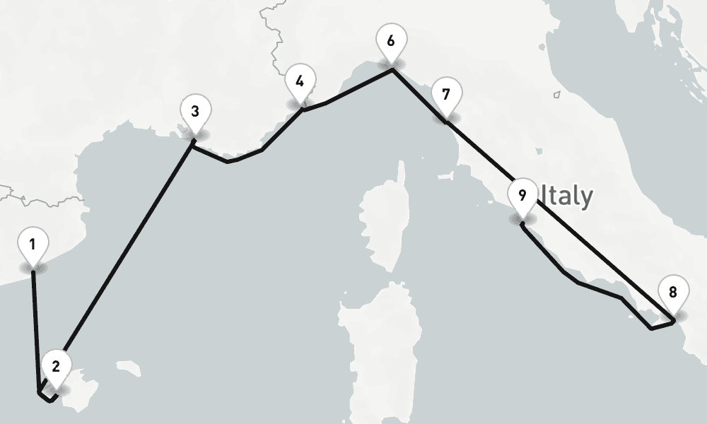 10 nights / 11 days, one-way from Barcelona to Civitavecchia (Rome, Italy)