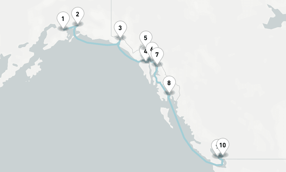 11 nights / 12 days, one-way from Whittier (Alaska) to Vancouver (BC Canada)