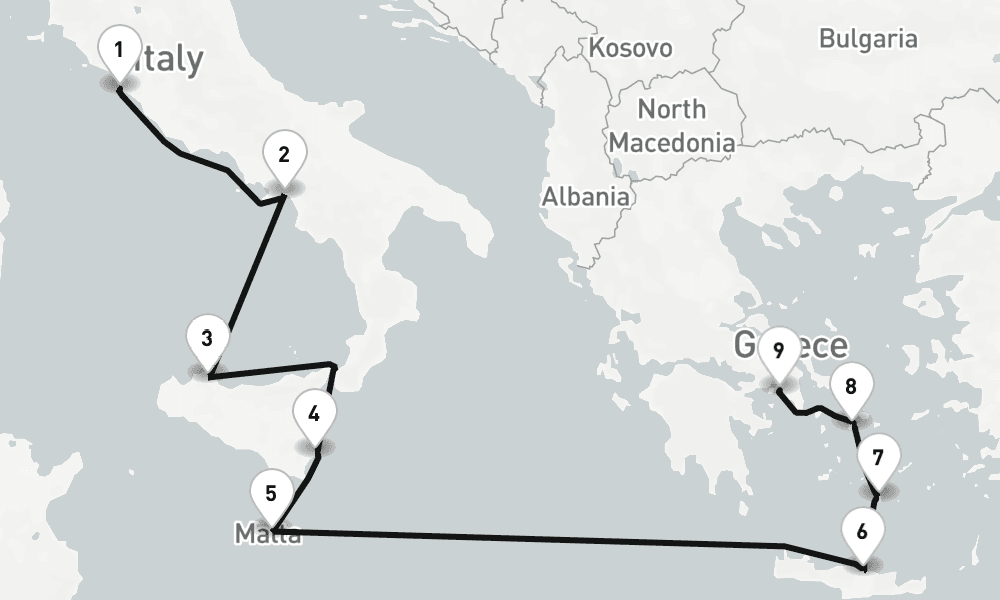 9 nights / 10 days, one-way from Civitavecchia (Rome, Italy) to Piraeus (Athens, Greece)