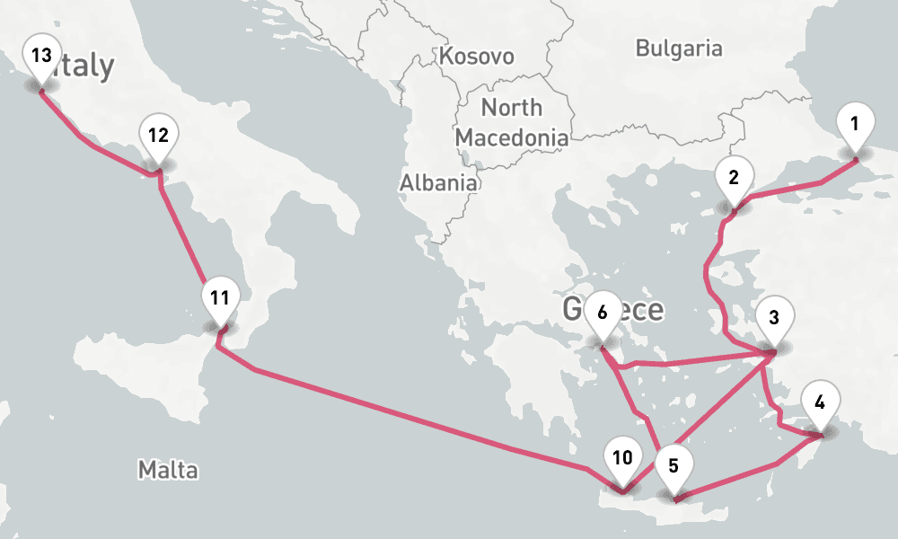 14 nights / 15 days, one-way from Istanbul to Civitavecchia (Rome, Italy)