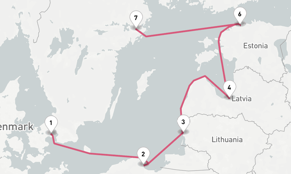 7 nights / 8 days, one-way from Copenhagen to Stockholm