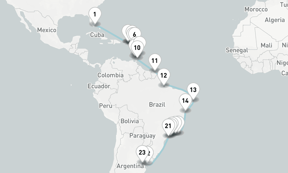 34 nights / 35 days, one-way from Miami (Florida) to Buenos Aires