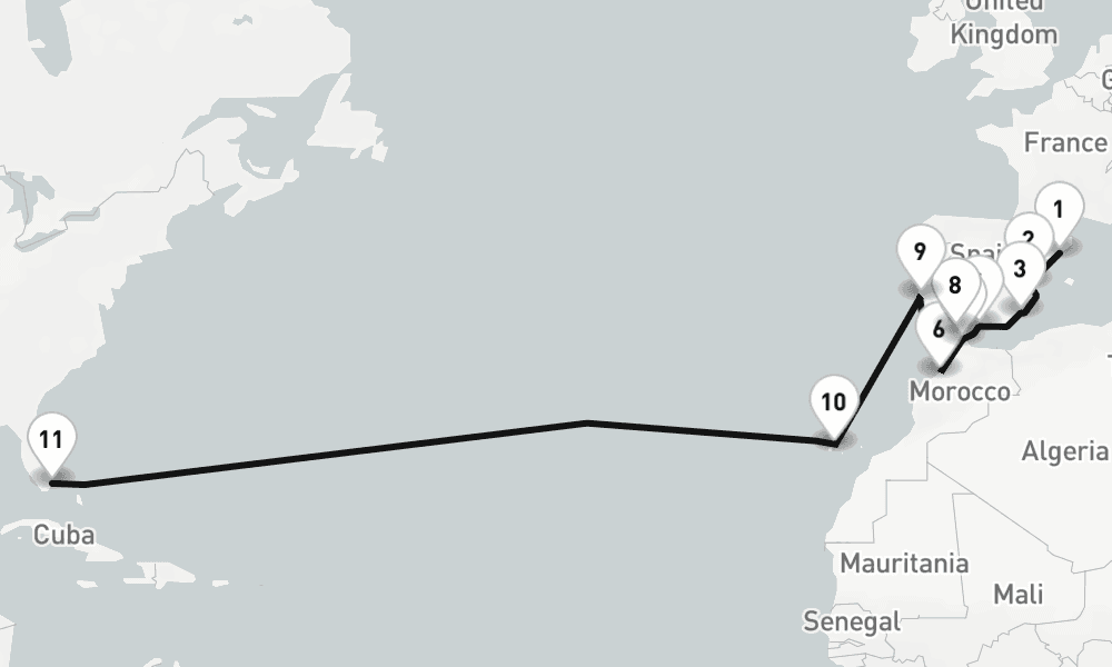 23 nights / 24 days, one-way from Barcelona to Miami (Florida)