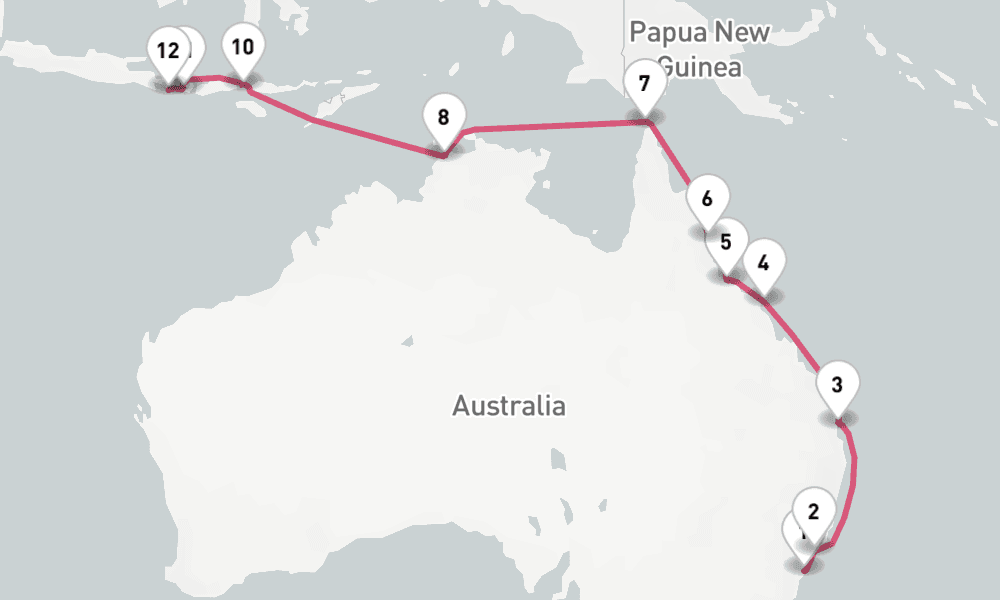 16 nights / 17 days, one-way from Sydney (NSW, Australia) to Benoa (Bali, Indonesia)