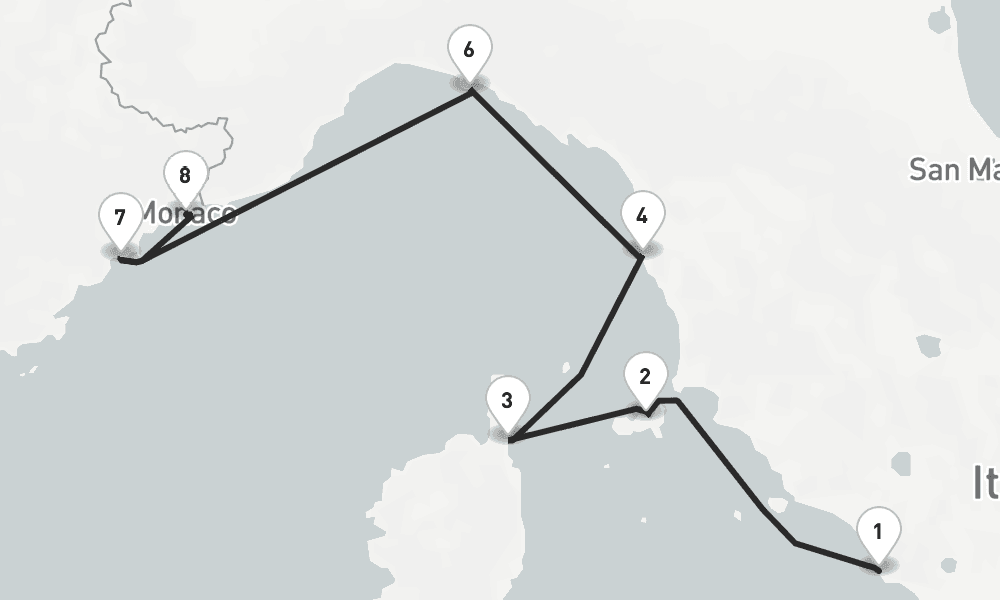 7 nights / 8 days, one-way from Civitavecchia (Rome, Italy) to Monte Carlo (Monaco, France Riviera)