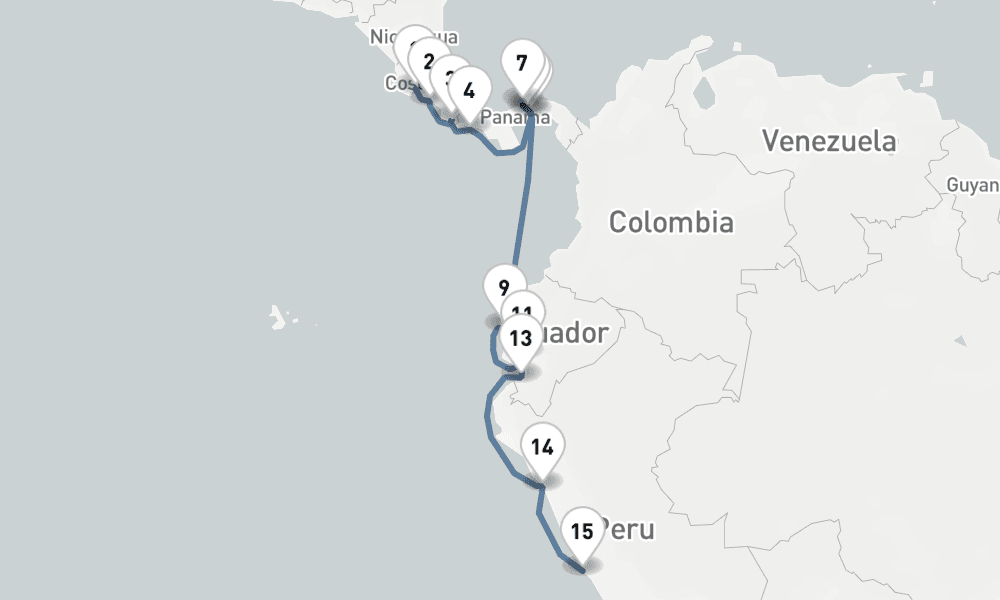 18 nights / 19 days, one-way from Puntarenas (Puerto Caldera, Costa Rica) to Callao (Lima, Peru)