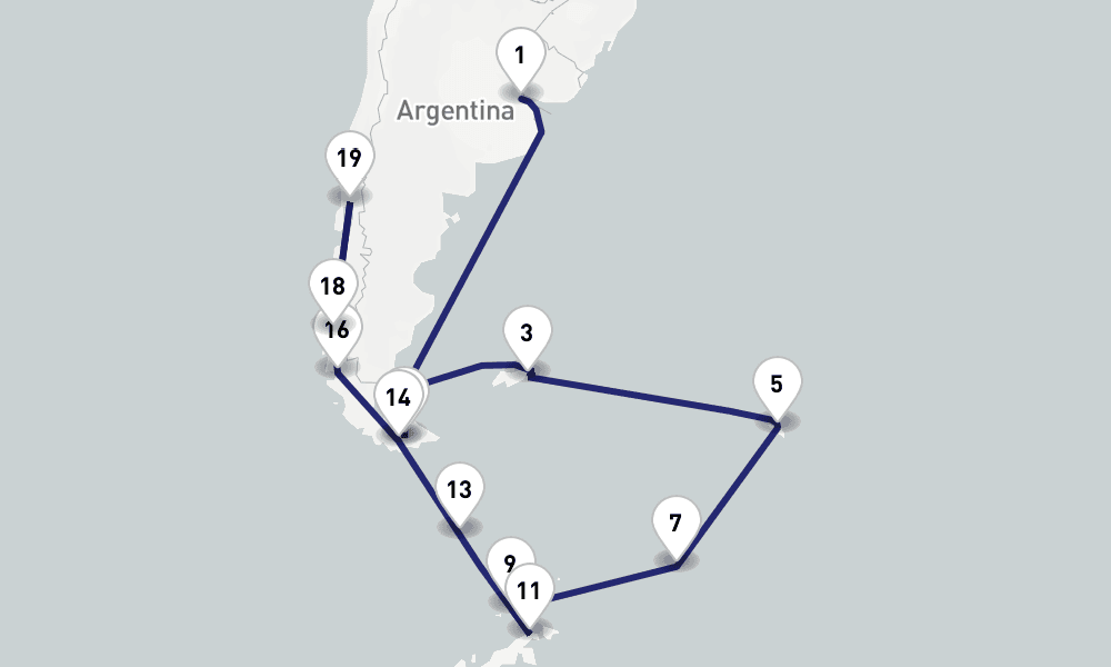 22 nights / 23 days, one-way from Buenos Aires to Puerto Montt