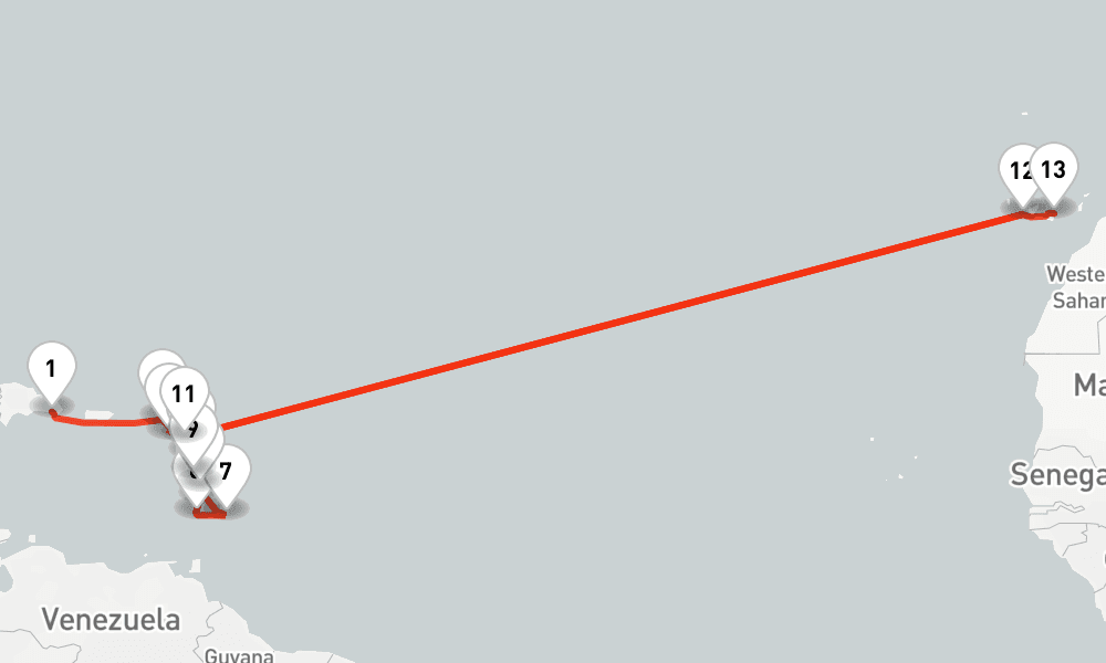 19 nights / 20 days, one-way from La Romana (Dominican Republic) to Las Palmas (Gran Canaria, Canary Islands)