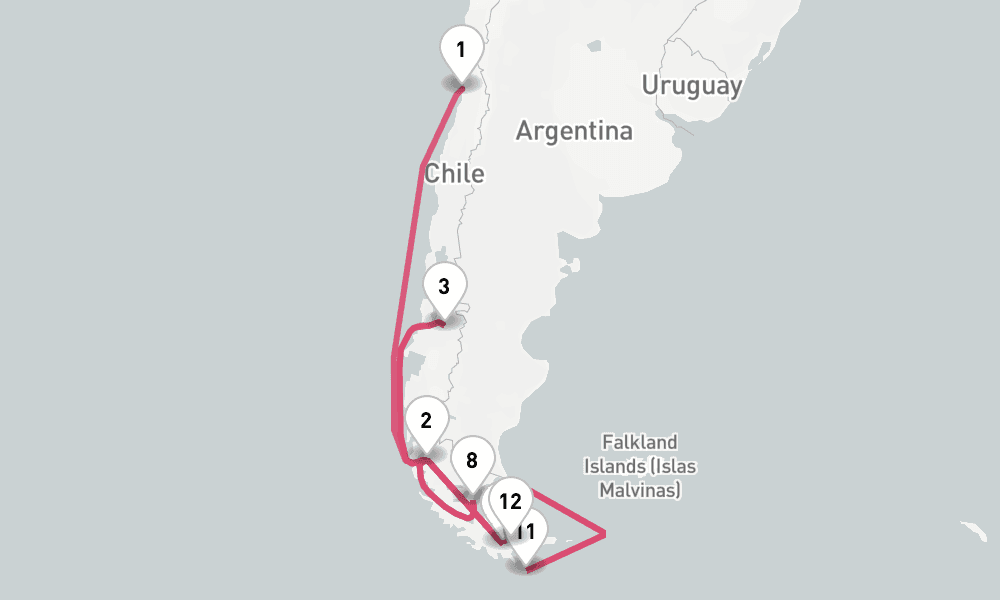 12 nights / 13 days, one-way from Valparaiso (Santiago, Chile) to Ushuaia