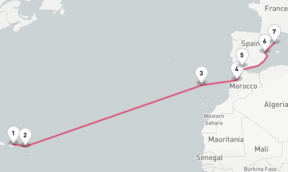 14 nights / 15 days, one-way from San Juan (Puerto Rico) to Barcelona