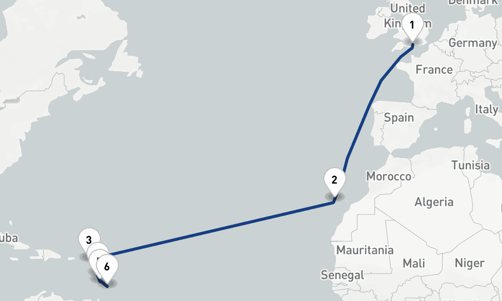 14 nights / 15 days, one-way from Southampton (England) to Bridgetown (Barbados)