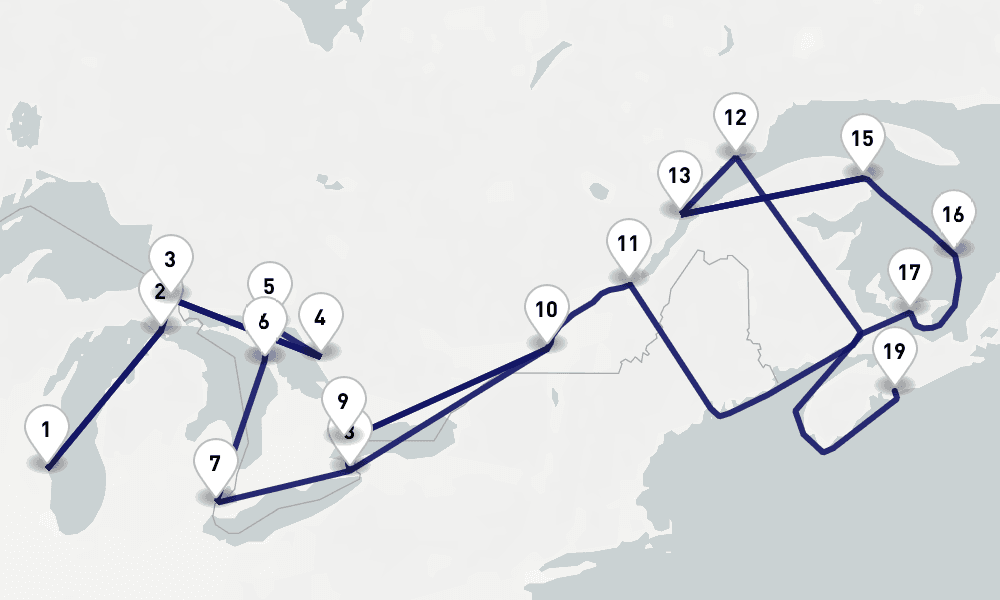 18 nights / 19 days, one-way from Milwaukee (Lake Michigan, Wisconsin) to Halifax (Nova Scotia, Canada)