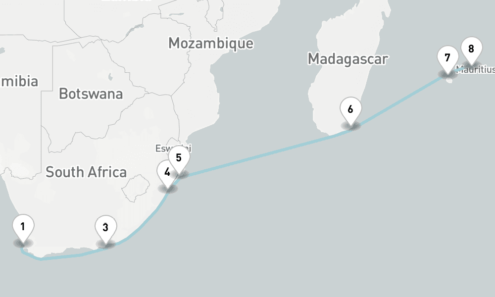 13 nights / 14 days, one-way from Cape Town to Port Louis (Mauritius Island)
