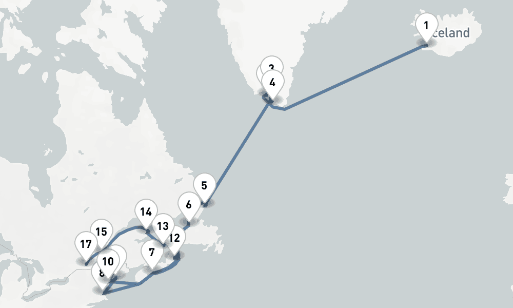 25 nights / 26 days, one-way from Reykjavik to Montreal (Quebec, Canada)