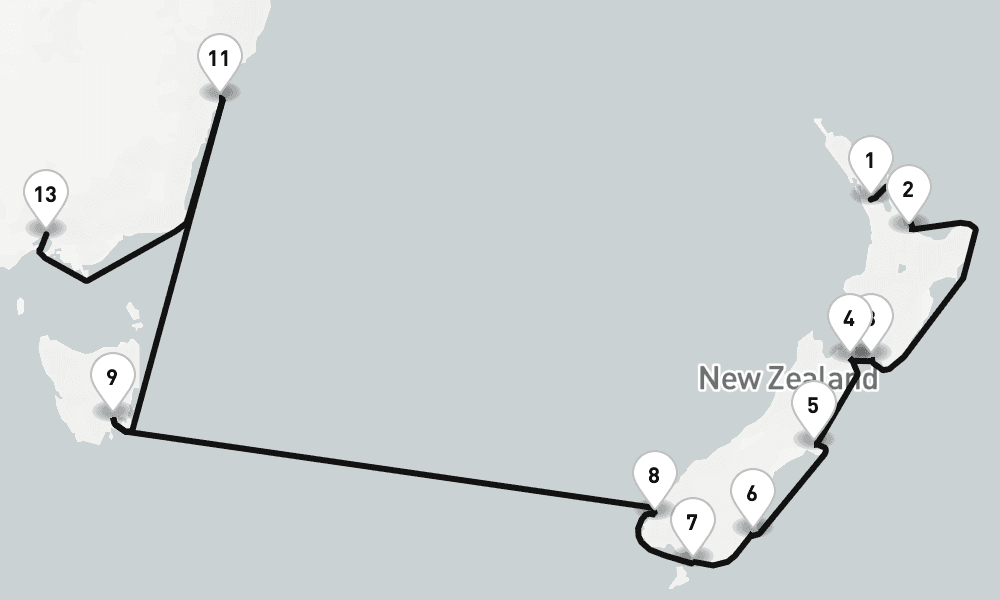 18 nights / 19 days, one-way from Auckland to Melbourne (Victoria, Australia)