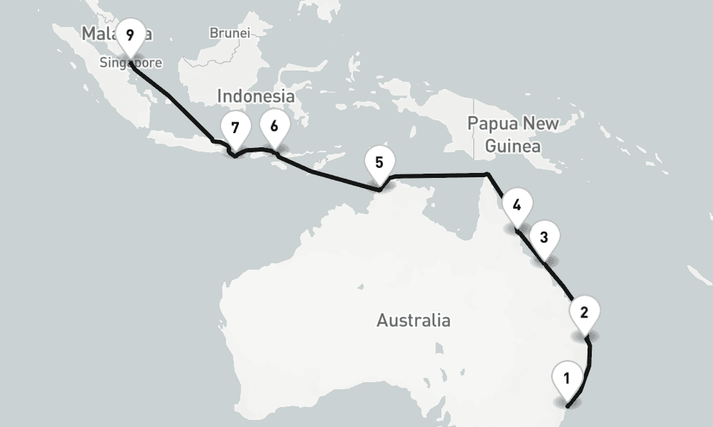 18 nights / 19 days, one-way from Sydney (NSW, Australia) to Singapore