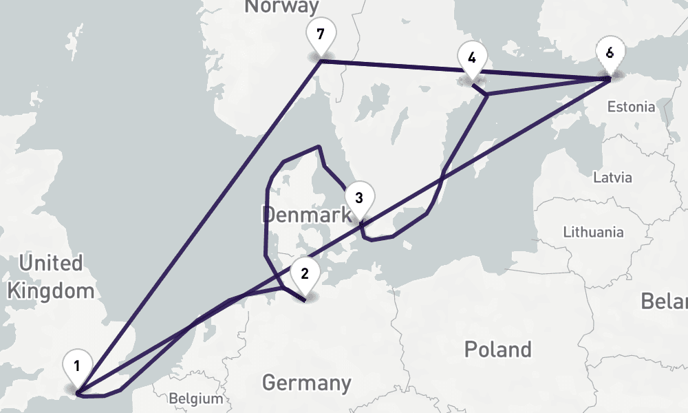 14 nights / 15 days, Portsmouth (England) Round trip