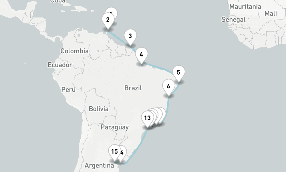 23 nights / 24 days, one-way from Bridgetown (Barbados) to Buenos Aires