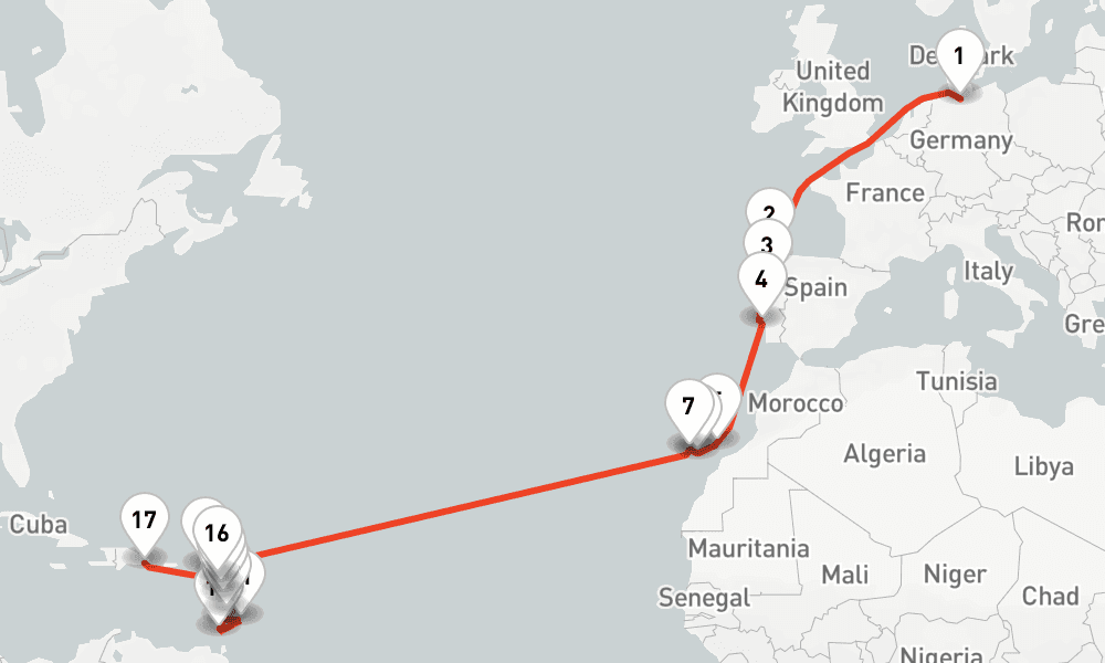 26 nights / 27 days, one-way from Hamburg to La Romana (Dominican Republic)