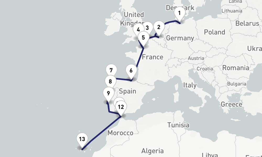 16 nights / 17 days, one-way from Hamburg to Santa Cruz de Tenerife (Canary Islands)