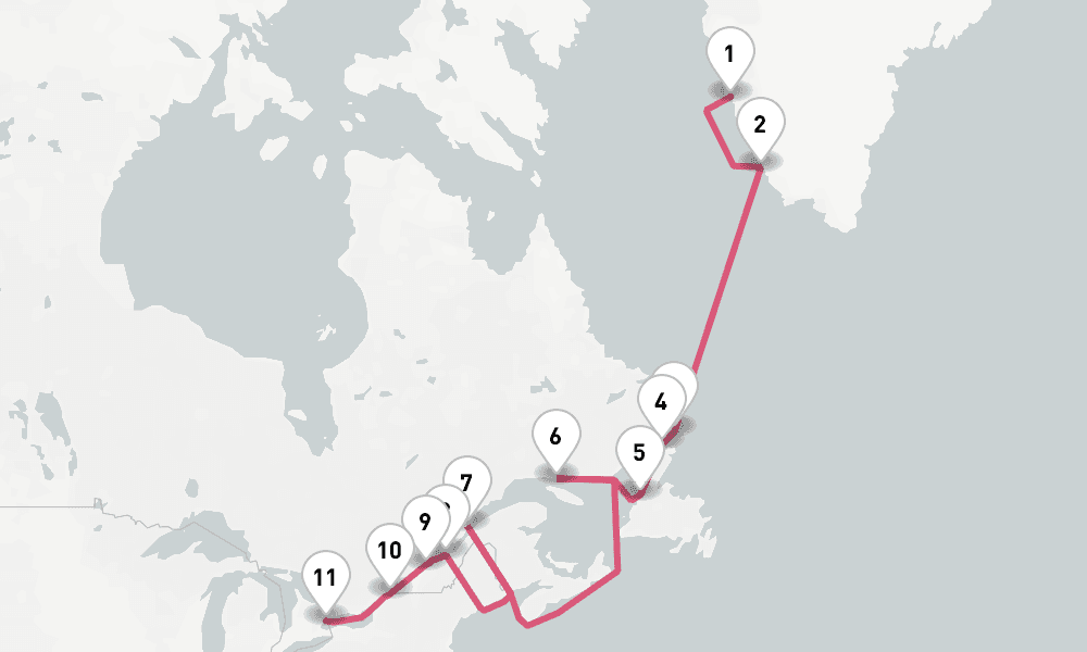 13 nights / 14 days, one-way from Nuuk (Greenland) to Toronto (Ontario)