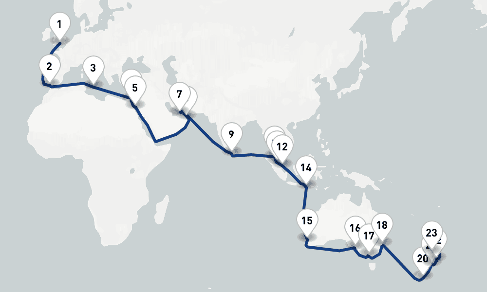 56 nights / 57 days, one-way from Southampton (England) to Auckland